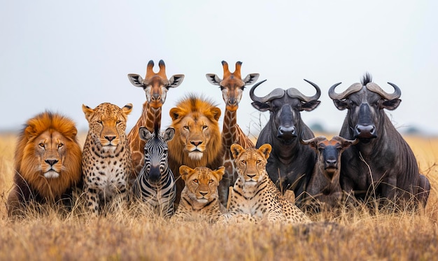 Foto un gregge di zebre e zebre sono in piedi insieme in un campo