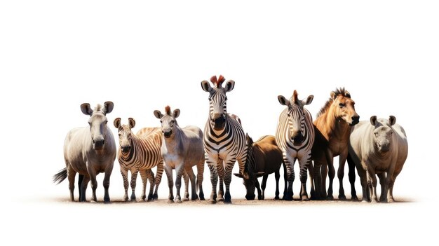 a herd of zebras and zebras stand in front of a white background.