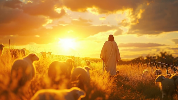 Foto herder jezus christus leidt de kudde en bidt tot jehovah god en helder licht zon en jezus silhouet achtergrond in het veld