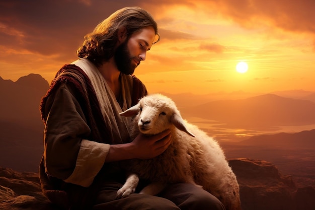 Herder Jezus Christus zorgt voor een verloren lam Generatieve AI