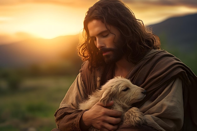 Herder Jezus Christus zorgt voor een vermiste Lambp tijdens zonsondergang