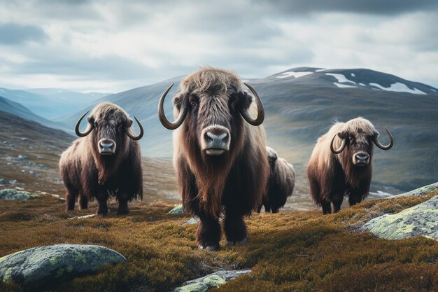 Photo herds of wild musk oxen in dovrefjell