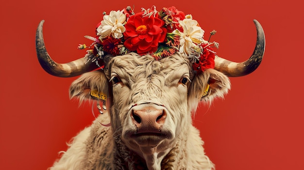 Here is a description that could be used for this image This image shows a white cow with long horns and a wreath of red and white flowers on its he