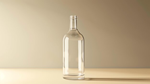 Here is a simple 100letter description of the image A tall clear glass bottle sits on a beige surface against a beige background