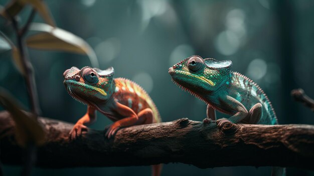 Here we see a pair of chameleons perched on a limb colorchanging chameleon in Zanzibar Generative AI