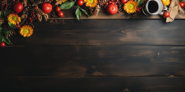 Herfst achtergrond bloemen op een houten ondergrond Koffie Hoge kwaliteit foto Generatieve AI