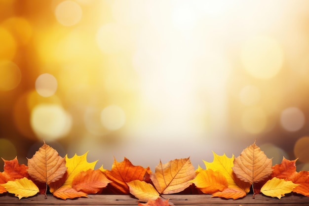 Herfst achtergrond Boom rode en oranje bladeren op een houten tafel met kopieerruimte