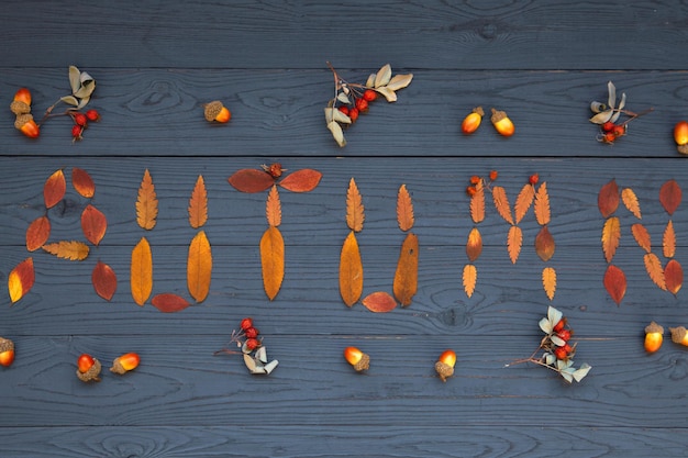 Herfst achtergrond herfststemming De inscriptie herfst van de bladeren op een donkere houten tafel Bovenaanzicht met kopieerruimte