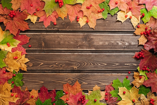 Herfst achtergrond met gekleurde bladeren op een houten bord