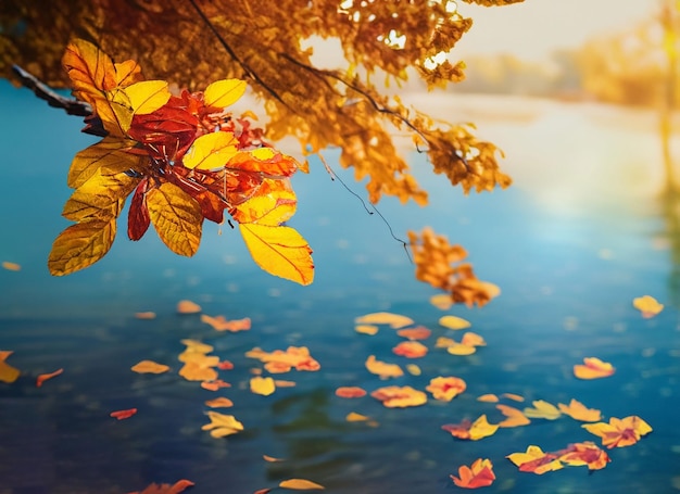 Herfst achtergrond met gekleurde rode bladeren op blauwe achtergrond
