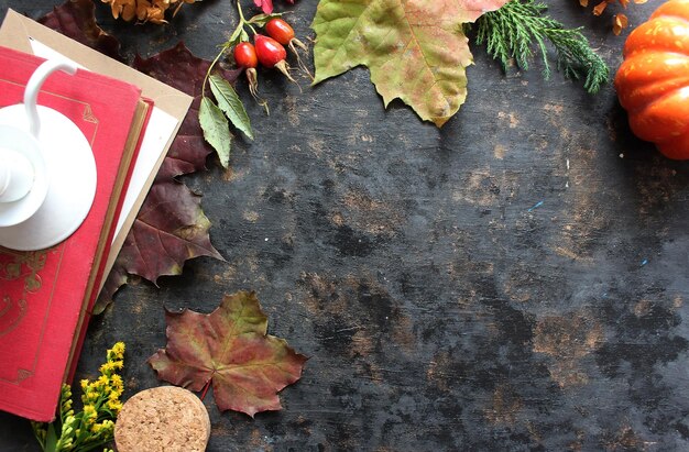 Foto herfst achtergrond met gekleurde rode bladeren op zwarte leisteen achtergrond bovenaanzicht kopie ruimte