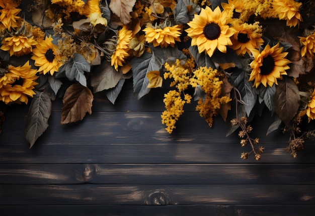 Foto herfst achtergrond met gele zonnebloemen en bladeren op donkere houten achtergrond