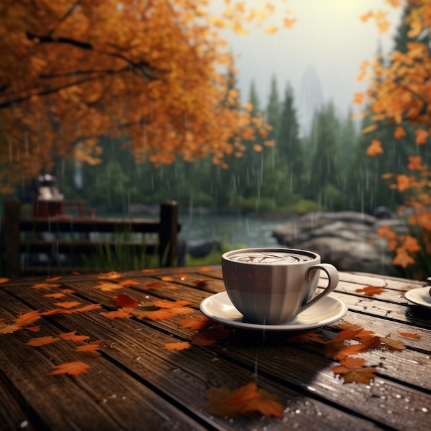 Herfst achtergrond met kopje koffie Illustratie AI GenerativexA