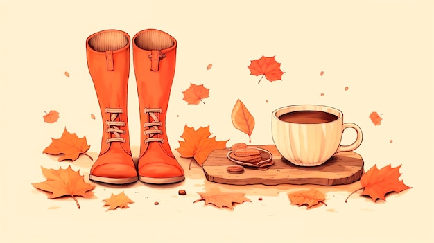 Herfst achtergrond met laarzen en kopje koffie Vector illustrationAI gegenereerd