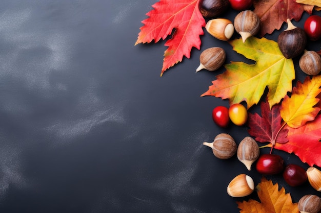 Herfst achtergrond met noten eikels en rode herfstbladeren