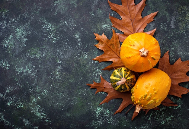 Herfst achtergrond met pompoenen en gedroogde bladeren