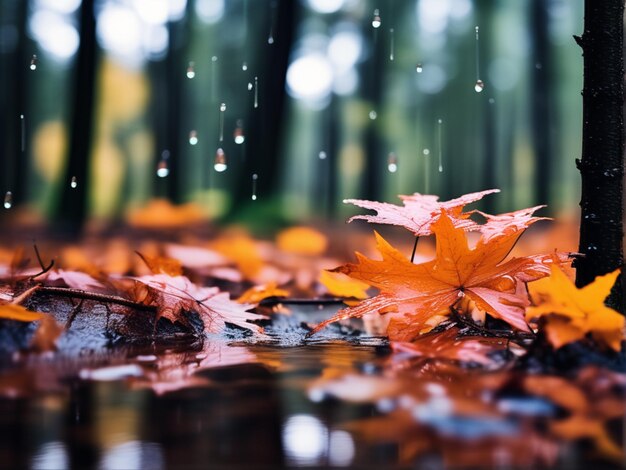 Foto herfst achtergrond met vallende bladeren en regendruppels in natte bossen