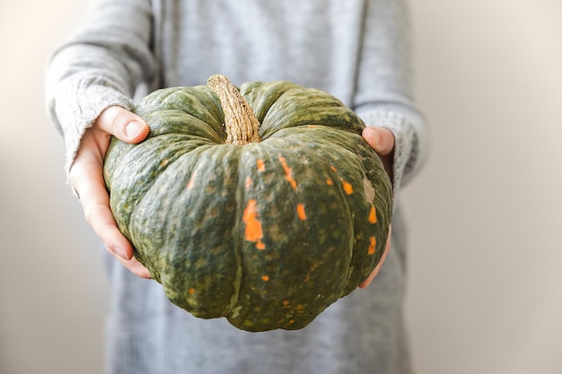 Herfst achtergrond onherkenbaar vrouw hand met in handen herfst herfst pompoen geïsoleerd op witte achtergrond verandering van seizoenen rijp biologisch voedsel halloween feest thanksgiving day