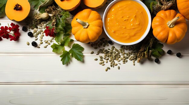 Foto herfst achtergrond van gevallen bladeren en vruchten met vintage plaats instellen op oude houten tafel thanksgiving dag concept