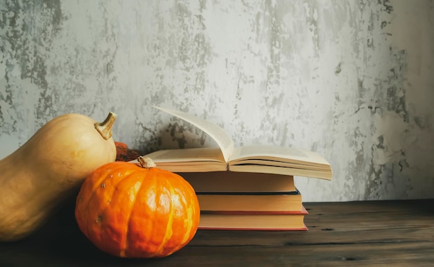 Herfst arrangement van pompoen en boeken tegen grijze muur Boeken naast pompoenen