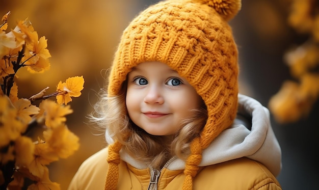 Herfst babyportret in herfst gele bladeren klein kind in wollen muts mooi kind in park buiten gebreide kleding