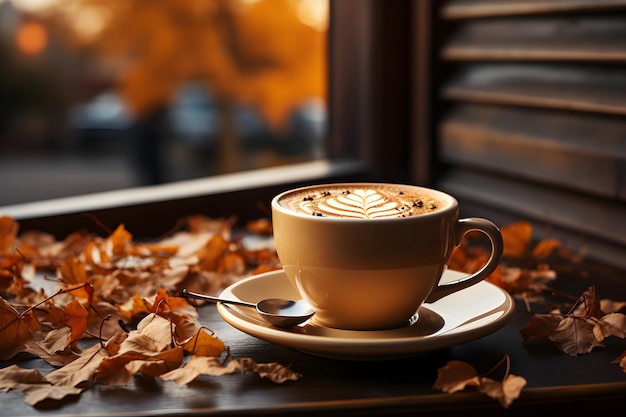 Herfst beige gezellige achtergrond met een kop koffie