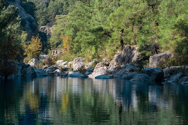 Herfst berglandschap met helder schaduwrijk meer in de vallei