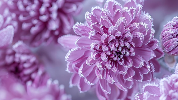 herfst bloeiende paarse chrysanthemum bloemen bedekt met sneeuw bevroren bloemen bedect met vorst