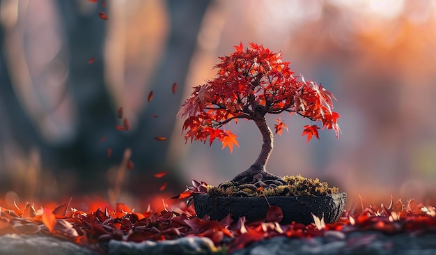 Herfst bonsai met vallende rode bladeren in een rustige omgeving