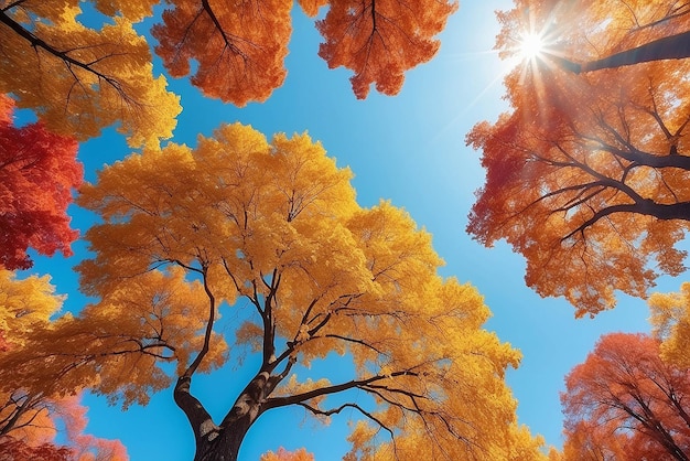 Herfst bos achtergrond Levendige kleur boom rood oranje gebladerte in het herfstpark Natuur verandering Gele bladeren in het oktober seizoen Zon op in blauwe hartvormige hemel Zonnige dag weer helder licht banner frame