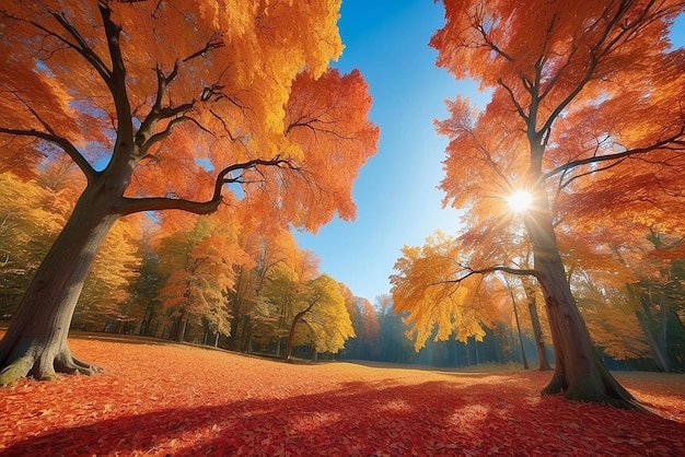 Herfst bos achtergrond Levendige kleur boom rood oranje gebladerte in het herfstpark Natuur verandering Gele bladeren in het oktober seizoen Zon op in blauwe hartvormige hemel Zonnige dag weer helder licht banner frame