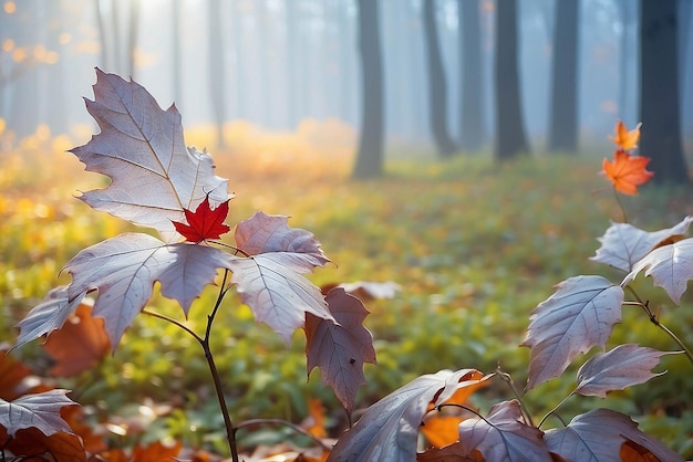 Herfst bos pad Oranje kleur boom rood bruine esdoorn bladeren in de herfst stad park natuur scène in zonsondergang mist bos in schilderachtig landschap helder licht zon zonsopgang van een zonnige dag ochtend zonlicht uitzicht