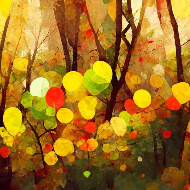 Herfst boslandschap Kleurrijke aquarel van herfstseizoen Rode, groene en gele bomen
