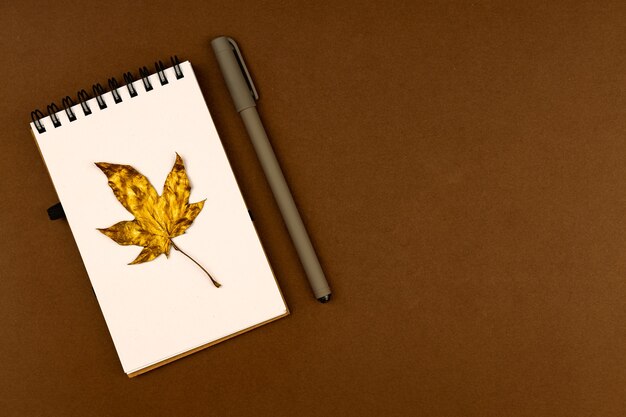 Herfst busines concept - lege ringgebonden notebook met gouden esdoornblad en pen op bruine achtergrond met kopie ruimte.