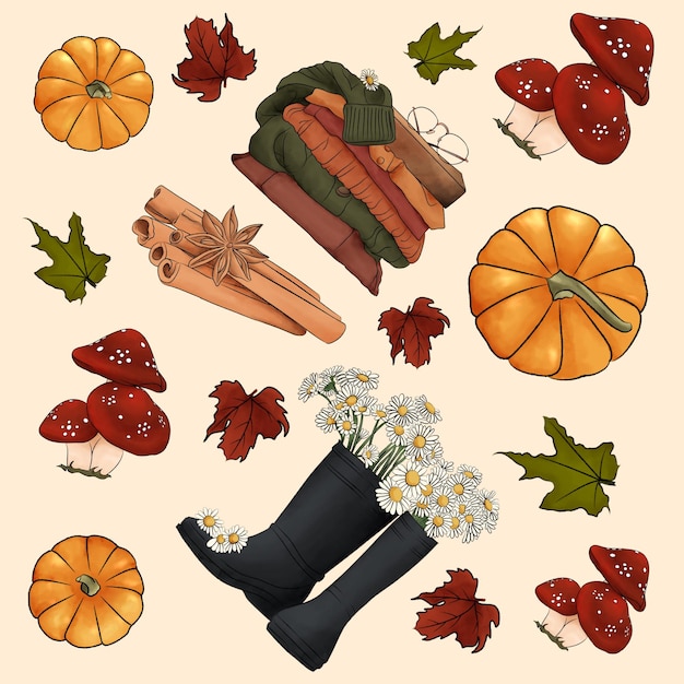 Herfst cartoon patroon illustratie met pompoen paddenstoel laarzen bladeren voor achtergrond of stof