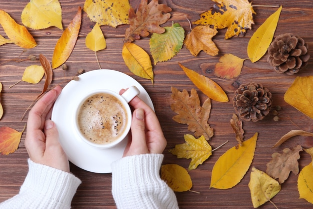 Herfst compositie bovenaanzicht kopje koffie in de handen en herfstbladeren