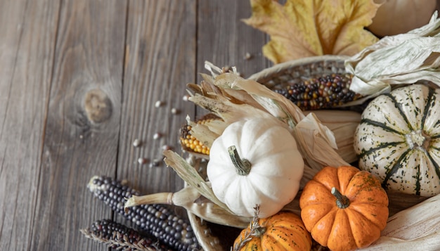 Herfst compositie met pompoenen, maïs en bladeren op een houten ondergrond.