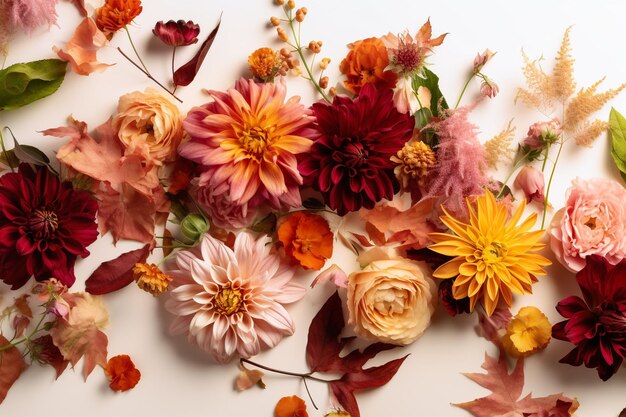 Herfst compositie met prachtige bloemen op witte achtergrond