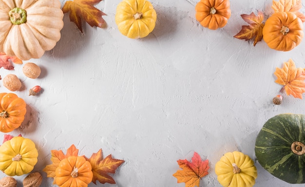 Herfst compositie. Pompoen, herfstbladeren en appel op stenen achtergrond. Platliggend, bovenaanzicht met kopieerruimte.