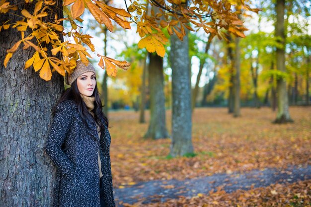 herfst concept portret van jonge mooie vrouw wandelen in kleurrijk park