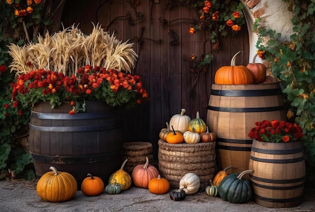 Herfst decor met natuurlijke stro balen pompoenen bloemen en oude houten vaten