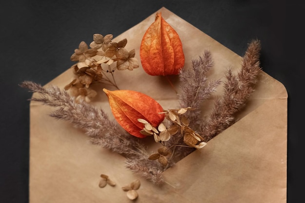 Herfst decoratieve compositie met gedroogd pampagras en physalis bloemen in ambachtelijke envelop