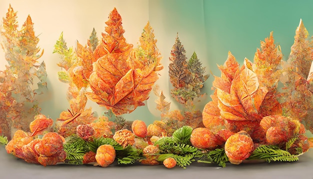 Herfst display podium decoratie achtergrond met oranje bladeren bomen geschenkdoos product display mock up Generative Ai