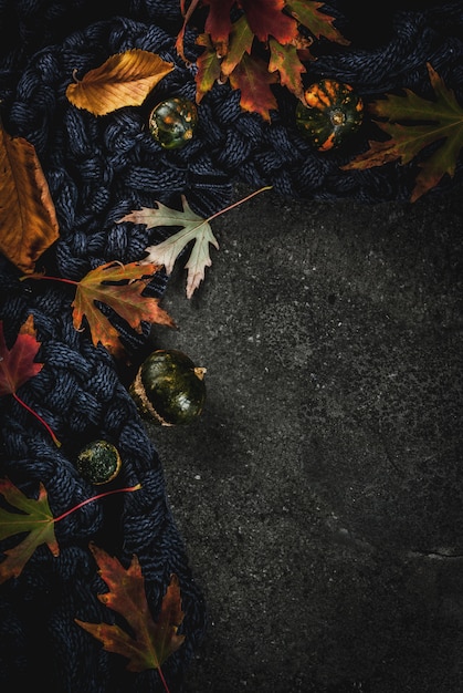 Herfst donkere stenen achtergrond met herfst rode en gele bladeren warme trui of deken en kleine pompoenen, bovenaanzicht kopie ruimte