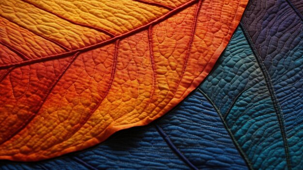 Herfst een close-up van een blad met de levendige kleuren tegen de achtergrond van een vakkundig met de hand genaaid Created with AI