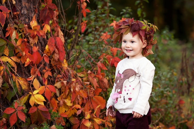 Herfst emotioneel portret van meisje. Mooi klein meisje met rode druivenbladeren in de herfstpark. Herfstactiviteiten voor kinderen. Halloween en Thanksgiving tijd plezier voor familie.