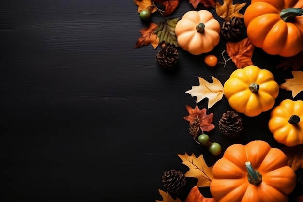 Herfst en Halloween pompoenen laat eikels squash over donkere tafel achtergrond schot van recht boven