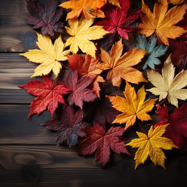 Herfst esdoorn bladeren geel en rood liggen in een cirkel op een houten vloer Generatieve AI