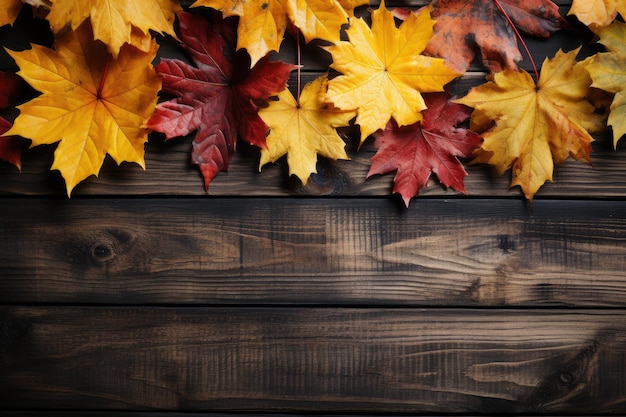 Herfst esdoorn bladeren in geel en rood op een houten vloer Generatieve AI