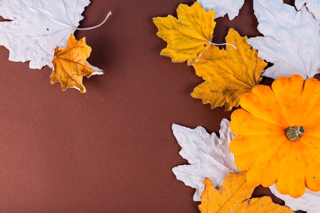 Herfst, esdoorn, droge, gele bladeren, pompoen, op een oude houten achtergrond met kopie ruimte.